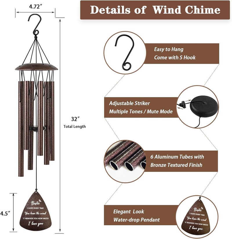 Soopau Best Friend Birthday Gifts for Women, Friendship Gifts for Women, 32" Bronze Wind Chimes Gift for Bestie Bestfriend BFF - Image 4